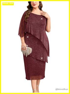 Plus Size Mother of the Bride Dress Sparkly Mesh Cape Sleeve Tiered Midi